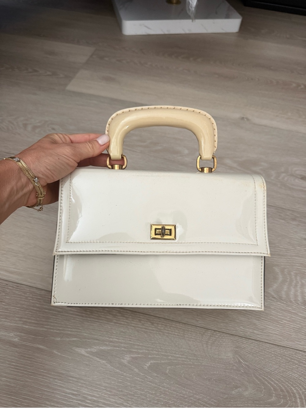Vintage Cream Patent Top-Handle Bag - Classic Structured Women’s Handbag